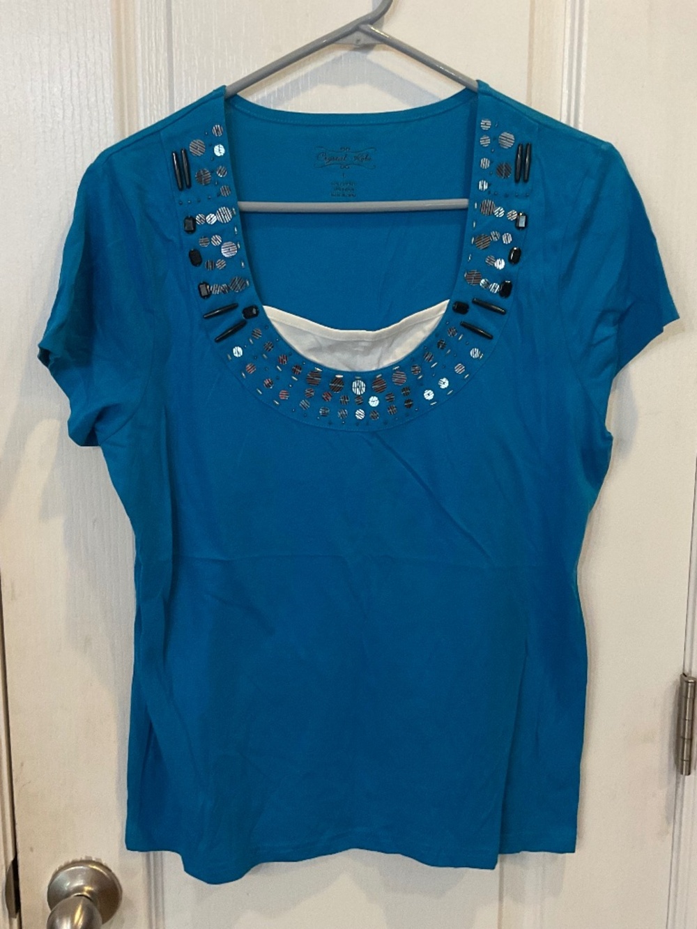 Crystal Kobe Turquoise Beaded Short Sleeve T-Shirt - Large - NWT